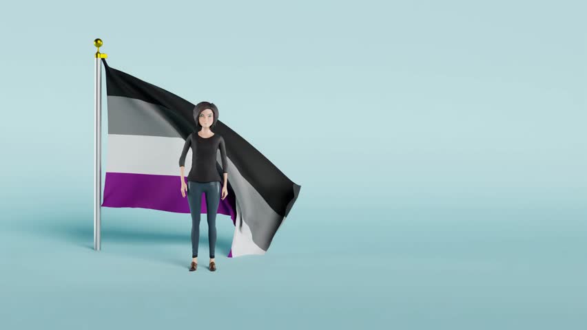 Waving woman in front of a asexual flag on a pole, with a blue background animation video. Royalty-Free Stock Footage #1103632065