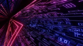 Hi-tech neon sci-fi tunel. Trendy neon glow lines form pattern and construction in mirror tunnel. Fly through technology cyberspace. Glow lines form sci-fi pattern. 3d looped seamless. 3D Illustration