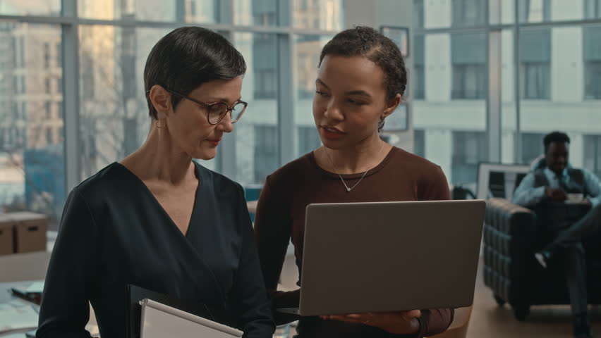 Waist up portrait of two diverse female coworkers discussing business project then smiling at camera working together in successful company | Shutterstock HD Video #1103646855