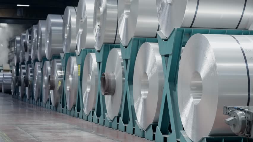 regularly stocked aluminum coils in factory production line Royalty-Free Stock Footage #1103646999