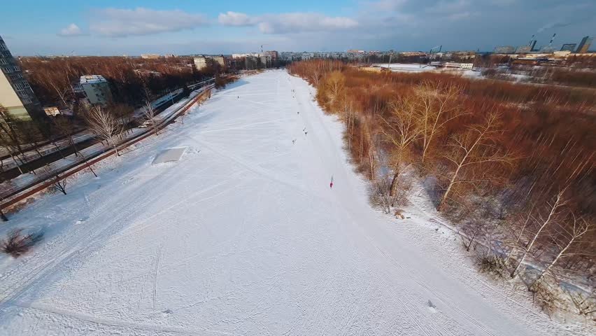 Nizhny Novgorod, Russia, January 31, 2023. FPV shooting of skiers, aerial shooting of skiers, cross-country skiing