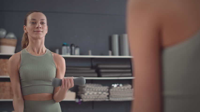 Medium shot of active young Caucasian woman enjoying her reflection in mirror while doing biceps curl exercise with dumbbells during indoor gym workout Royalty-Free Stock Footage #1103650513