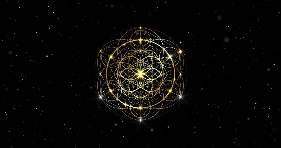 Video animation gold shiny Flower of Life in motion. Golden Sacred geometry in the moving galaxy, starry background. Model for TV show, intro, movie, catwalk stage design. Black universe cosmic space Royalty-Free Stock Footage #1103652959
