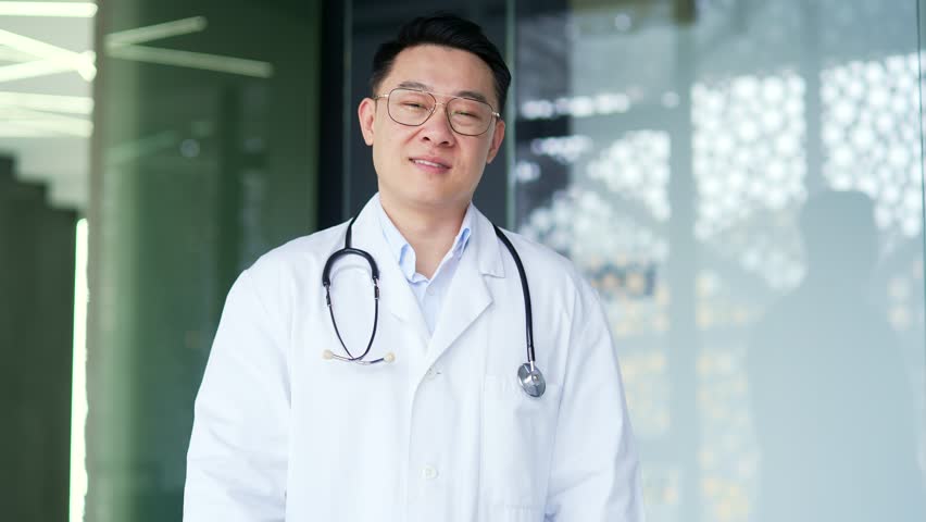 Portrait of smiling asian doctor in white coat showing thumbs up gesture looking at camera, standing in hospital clinic. Positive medical worker physician shows like sign, symbol of success, approval Royalty-Free Stock Footage #1103659457