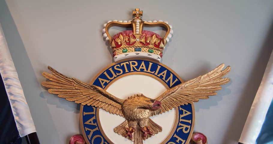 Melbourne VIC Australia-May 11th 2023: the airforce badge of Royal Australian Air Force in RAAF museum in Point Cook. It features the Imperial Crown, and a Wedge-Tailed Eagle in flight.