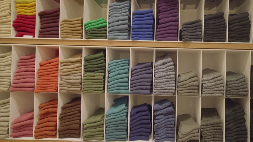 Lots of new socks on the shelf in a clothing store. A row of multi-colored stacks in the store. Shopping. 4K | Shutterstock HD Video #1103669645