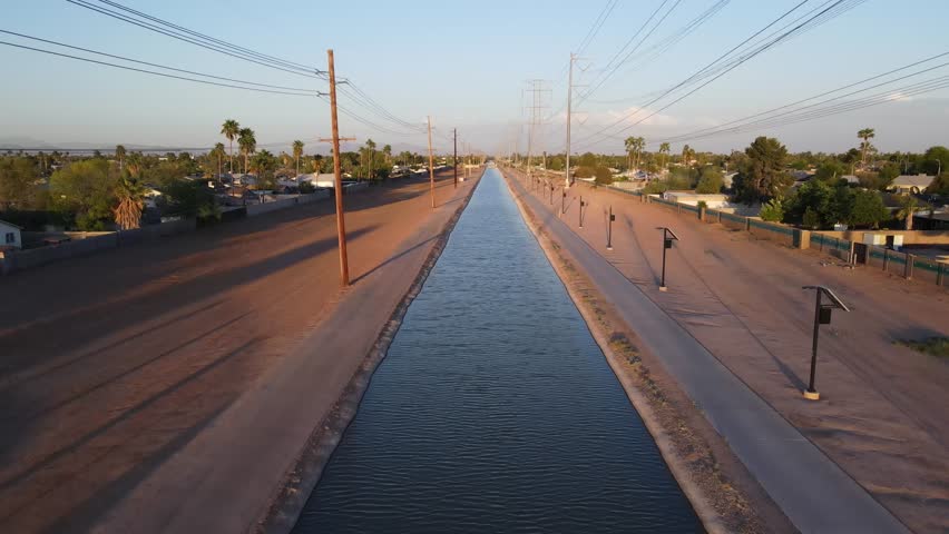 Aerial View Over Water Canal. Chandler, Arizona 4K