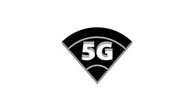 Black 5G new wireless internet wifi connection icon isolated on white background. Global network high speed connection data rate technology. 4K Video motion graphic animation.