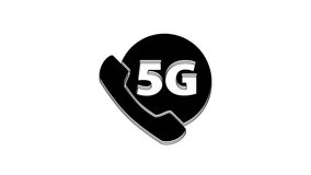 Black Phone with 5G new wireless internet wifi icon isolated on white background. Global network high speed connection data rate technology. 4K Video motion graphic animation.