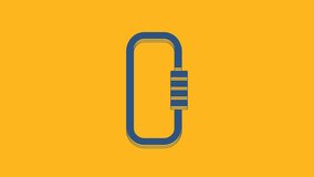 Blue Carabiner icon isolated on orange background. Extreme sport. Sport equipment. 4K Video motion graphic animation.
