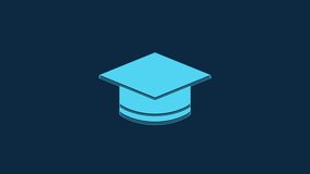 Blue Graduation cap icon isolated on blue background. Graduation hat with tassel icon. 4K Video motion graphic animation.
