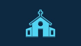 Blue Church building icon isolated on blue background. Christian Church. Religion of church. 4K Video motion graphic animation.