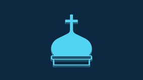 Blue Christian church tower icon isolated on blue background. Religion of church. 4K Video motion graphic animation.