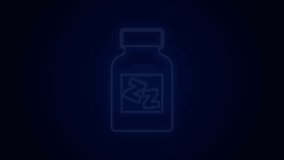 Glowing neon line Sleeping pill icon isolated on black background. 4K Video motion graphic animation.