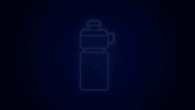 Glowing neon line Fitness shaker icon isolated on black background. Sports shaker bottle with lid for water and protein cocktails. 4K Video motion graphic animation.