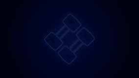 Glowing neon line Dumbbell icon isolated on black background. Muscle lifting, fitness barbell, sports equipment. 4K Video motion graphic animation.