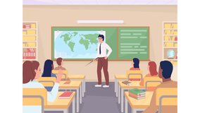 Animated Geography Illustration, Educational Lesson for High School Students. Looping 2D Cartoon Characters Animation in HD with School Interior on Transparent Background, for Educational Purposes