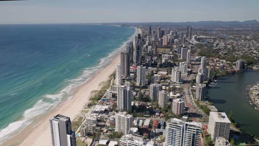 a sunny autumn view to the south of main beach of surfer paradise from Q1 building in queensland, australia