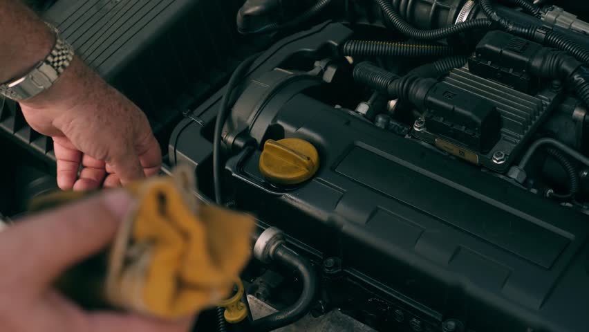 Man checks how much oil is left in the car, oil change after a long trip  Royalty-Free Stock Footage #1103686207