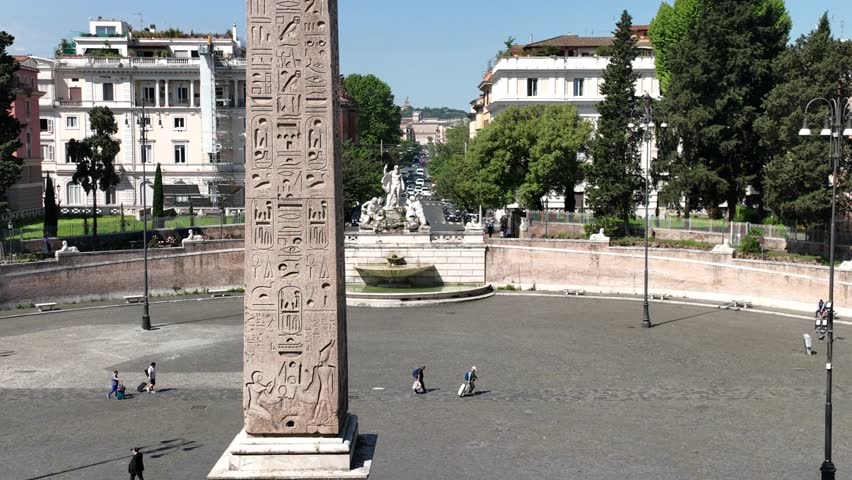 Closeup of the Flaminio obelisk in Piazza del Popolo in Rome.
Aerial view around the ancient Egyptian Obelisk.