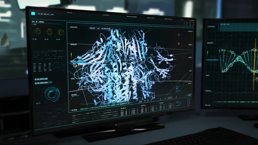 Two Computer Screens With the Software Running. The Newest Virus Stamm is Being Analysed. Covid-19 Spike Protein Structure was Identified. Medical Research Laboratory. Data Analysis. | Shutterstock HD Video #1103693761