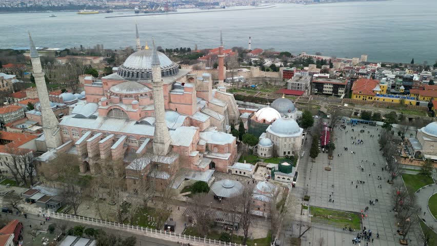 Istanbul Hagia Sophia mosque, Bosphorus strait, zoom-in shot