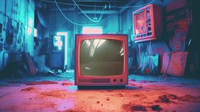 Retro tube tv, 90s television with a glitches, noise, interferenc, green screen in a mystery cyberpunk room. Abstract background. 4k footage. - Powered by Shutterstock - Get 15% off with code: PIKWIZARD15