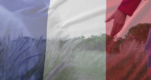 Animation of flag of france over happy caucasian woman walking at field. Global patriotism, celebration and flags, digitally generated video.