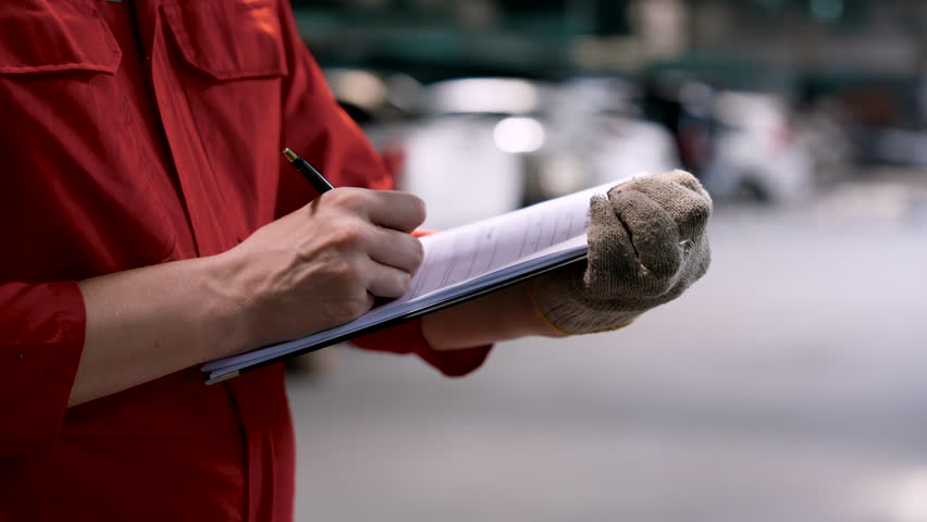 Close-up hand male mechanic Caucasian, 0ne hand held notepad, another handheld pen take notes on parts that needed be repaired in normal part car, before starting repair car quickly know repair point.