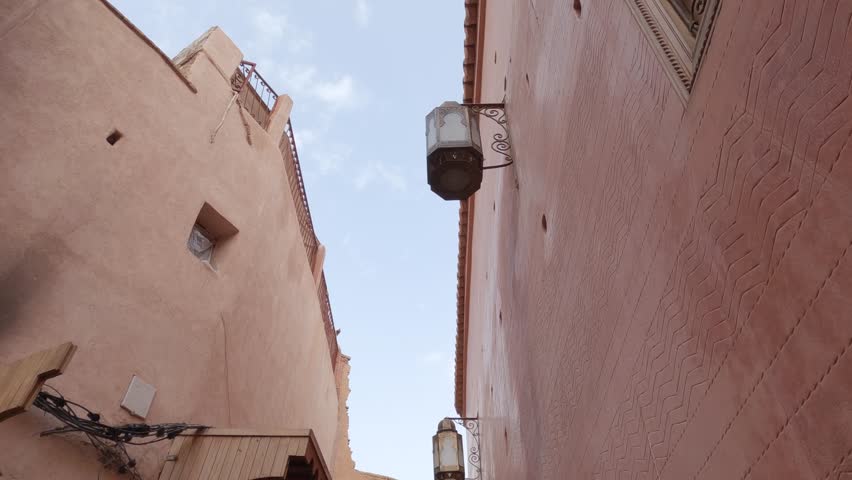 Side entrance of ben youssef madrasa, tilt down. Marrakesh, morocco