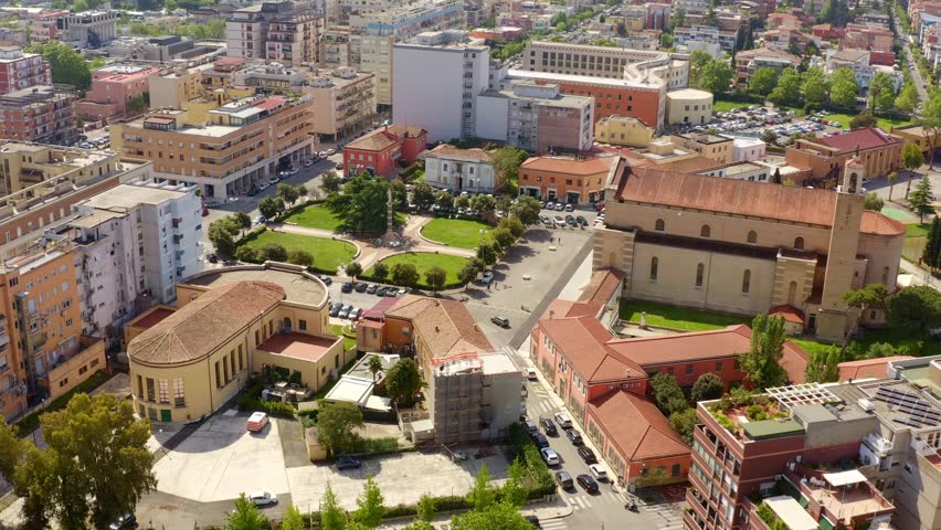 Aerial view of Latina Cathedral. The church is dedicated to Saint Mark and located in the centre of the city of Latina, Lazio, Italy. The Duomo of San Marco is a Roman Catholic cathedral.