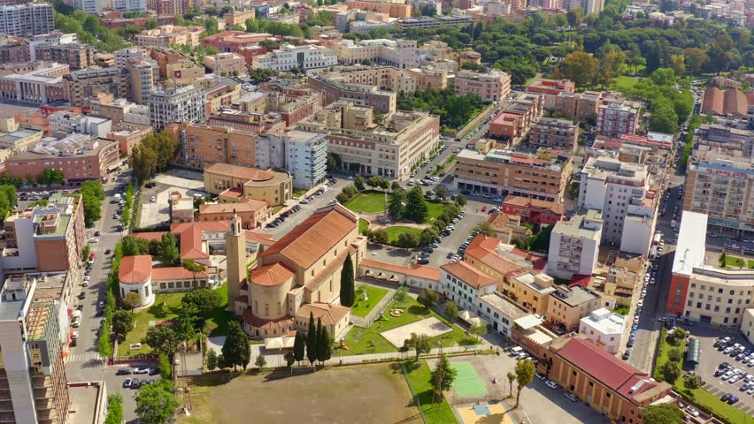 Aerial view of Latina Cathedral. The church is dedicated to Saint Mark and located in the centre of the city of Latina, Lazio, Italy. The Duomo of San Marco is a Roman Catholic cathedral.