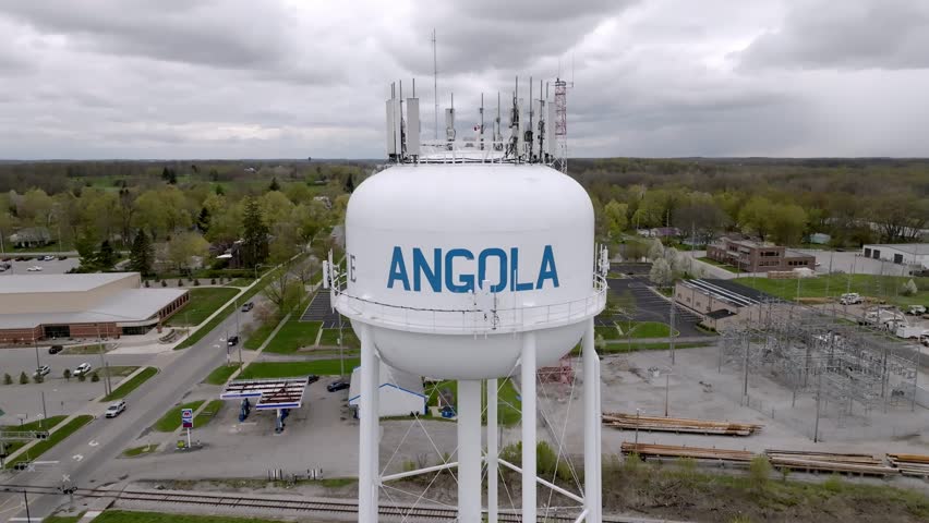 Angola, Indiana water tower with drone video pulling out.