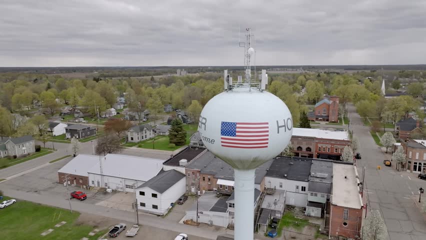 Homer, Michigan water tower with drone video circling.