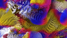 3d render of abstract art video animation with surreal liquid substance particles based on geometry figures as cones in changing yellow blue purple white mix color and shape motion process  