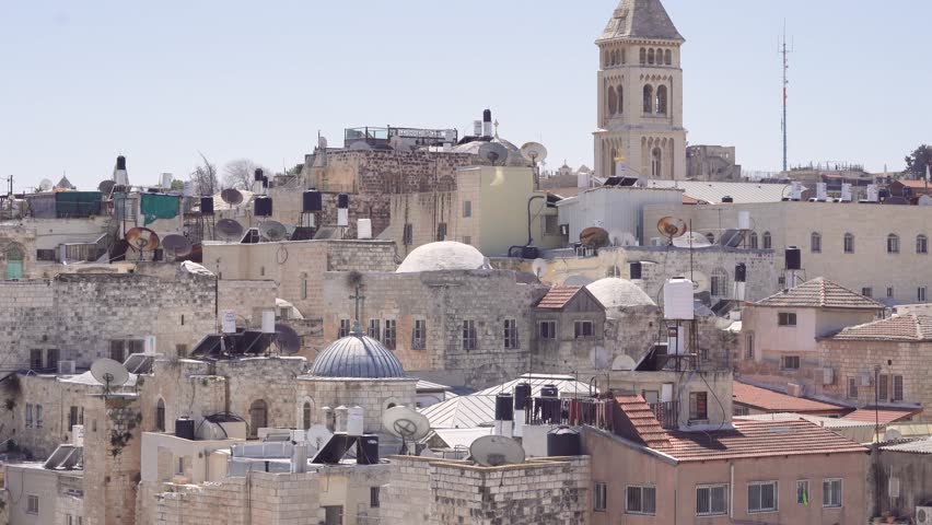 Dome Roof Construction, and Church at Jerusalem Skyline - Pan Down