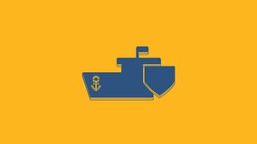 Blue Ship with shield icon isolated on orange background. Insurance concept. Security, safety, protection, protect concept. 4K Video motion graphic animation.