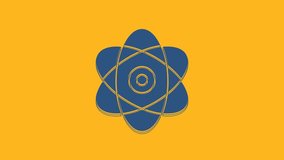 Blue Atom icon isolated on orange background. Symbol of science, education, nuclear physics, scientific research. Electrons and protons sign. 4K Video motion graphic animation.