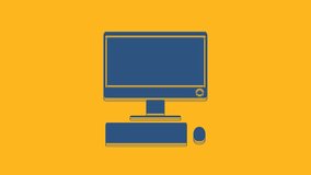 Blue Computer monitor with keyboard and mouse icon isolated on orange background. PC component sign. 4K Video motion graphic animation.