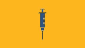 Blue Syringe icon isolated on orange background. Syringe for vaccine, vaccination, injection, flu shot. Medical equipment. 4K Video motion graphic animation.