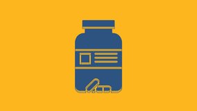 Blue Medicine bottle and pills icon isolated on orange background. Bottle pill sign. Pharmacy design. 4K Video motion graphic animation.