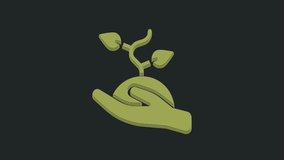 Green Volunteer team planting trees icon isolated on black background. Represents ecological protection, protecting plants and trees. 4K Video motion graphic animation.