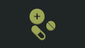 Green Medicine pill or tablet icon isolated on black background. Capsule pill and drug sign. Pharmacy design. 4K Video motion graphic animation.