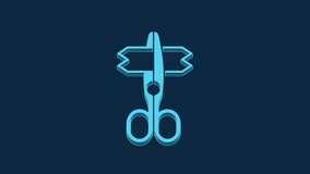 Blue Scissors icon isolated on blue background. Tailor symbol. Cutting tool sign. 4K Video motion graphic animation.