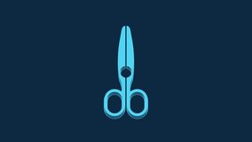 Blue Scissors icon isolated on blue background. Tailor symbol. Cutting tool sign. 4K Video motion graphic animation.