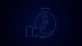 Glowing neon line Money bag icon isolated on black background. Dollar or USD symbol. Cash Banking currency sign. 4K Video motion graphic animation.