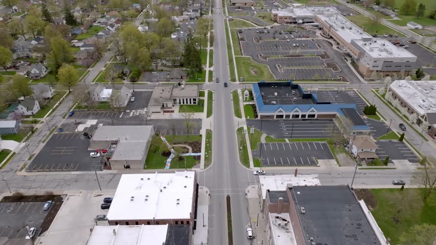 Angola, Indiana downtown with drone video moving in a circle.