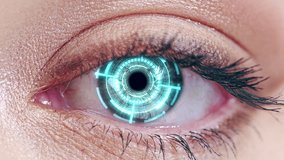 Cybersecurity, data and science with scan of eye for biometric, safety and technology. Hologram, 3d and digital transformation with closeup of person for facial recognition, identity and laser - Powered by Shutterstock - Get 15% off with code: PIKWIZARD15