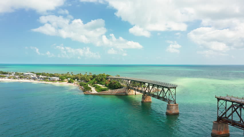 Aerial view of Bahia Honda Rail Bridge and state park. The Bahia Honda Rail Bridge is a derelict railroad bridge in the lower Florida Keys connecting Bahia Honda Key with Spanish Harbor Key