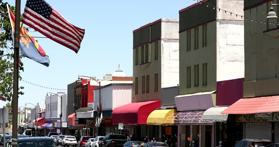 Nogales, Arizona, USA - May 29, 2022: Afternoon sunlight shines on the historic urban core of downtown Nogales.